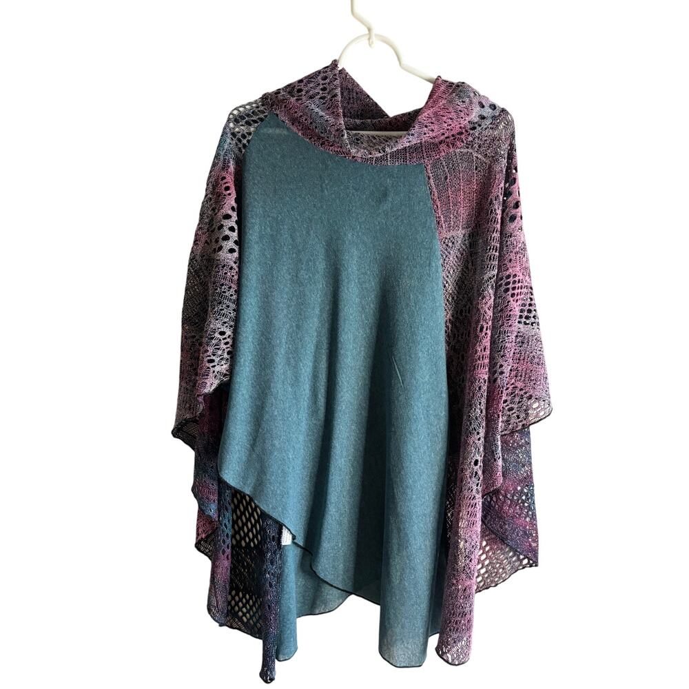 Womens Turquoise Purple Knit Poncho Dor Dor Couture Size Large Boho Artsy Top